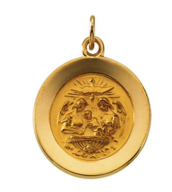 Rhodium Plated 14k Yellow Gold Round Baptismal Medal (18 MM)