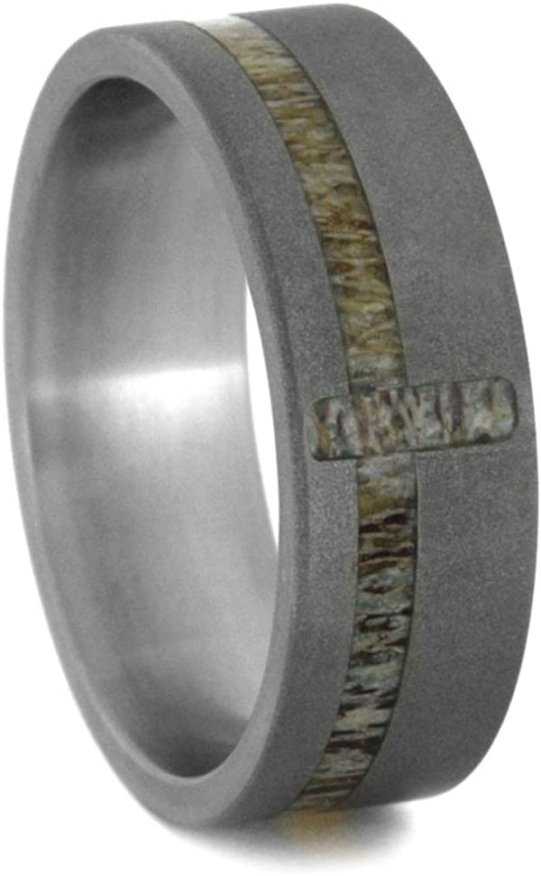 Deer Antler Cross 8mm Comfort-Fit Sandblasted Titanium Wedding Band