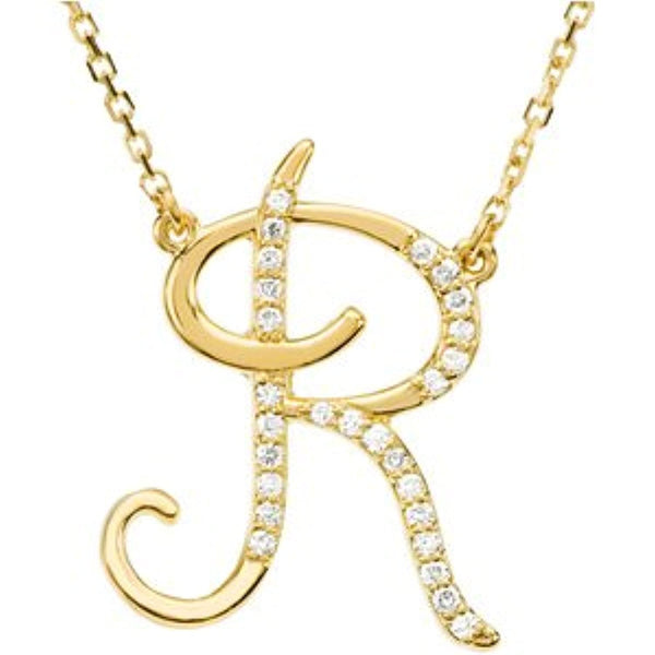 14k Yellow Gold Alphabet Initial Letter R Diamond Pendant Necklace, 17" (GH Color, I1 Clarity, 1/8 Cttw)