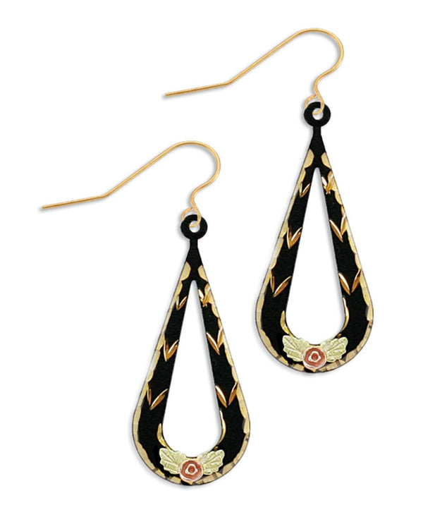 Black Enamel Rose Dangle Earrings, 10k Yellow Gold, 12k Green and Rose Gold Black Hills Gold Motif