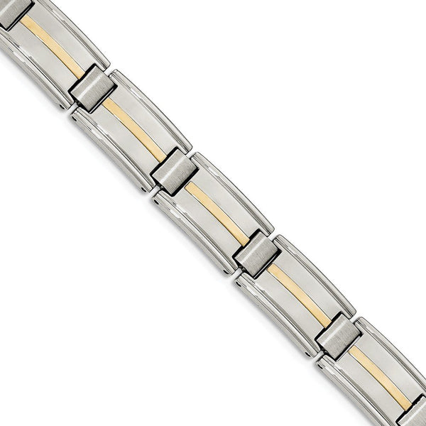 Men's Polished and Brushed Stainless Steel with 14k Yellow Gold Link Bracelet, 8.75"