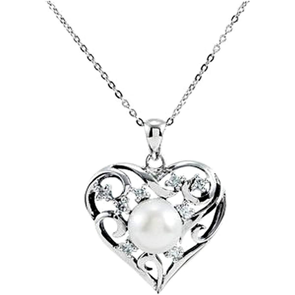 Freshwater Cultured Pearl Heart 'My Treasured Possession' Rhodium Plate Sterling Silver Necklace 18" 9.6M