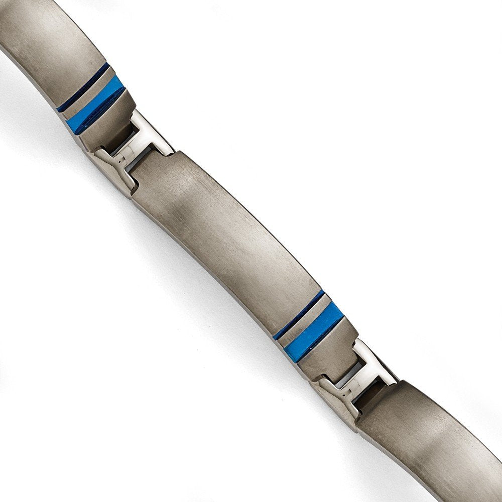 Men's Brushed and Polished Grey Titanium Blue Anodized Link Bracelet 8"