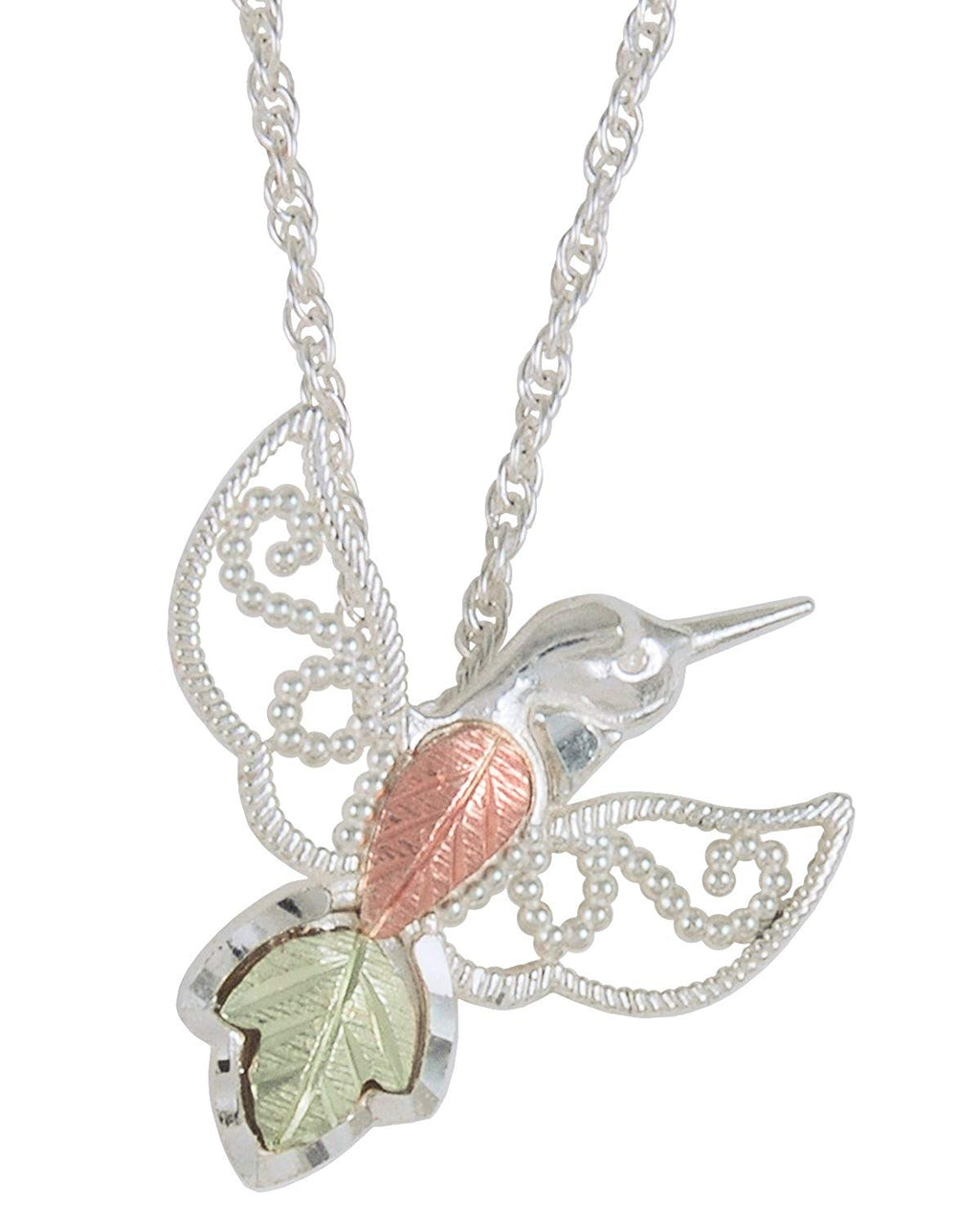 Hummingbird Pendant Necklace, Sterling Silver, 12k Green and Rose Gold Black Hills Gold Motif, 18''