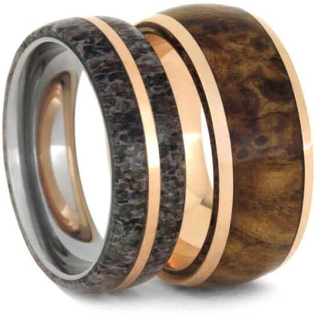 His and Hers 14k Rose Gold Black Ash Burl Wood Band and Deer Antler, 14k Rose Gold Titanium Band Sizes M13-F8