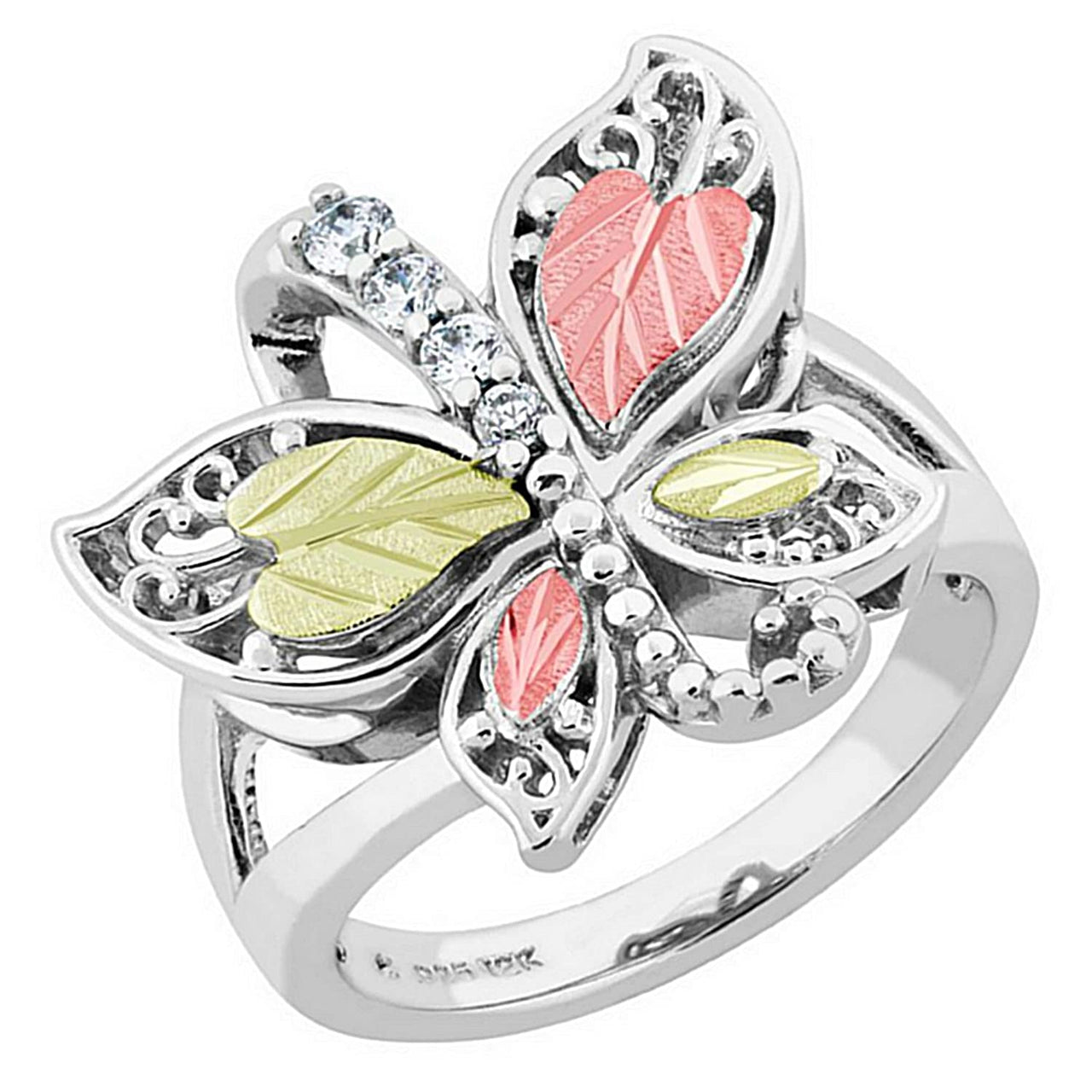 Graduated CZ with Scrollwork Butterfly Ring, Sterling Silver, 12k Green and Rose Gold Black Hills Gold Motif, Size 10