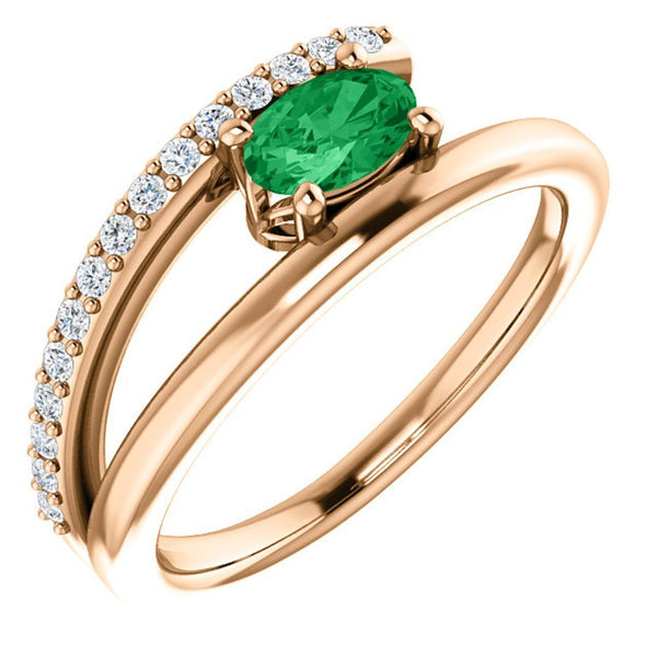 Chatham Created Emerald and Diamond Bypass Ring, 14k Rose Gold (.125 Ctw, G-H Color, I1 Clarity)