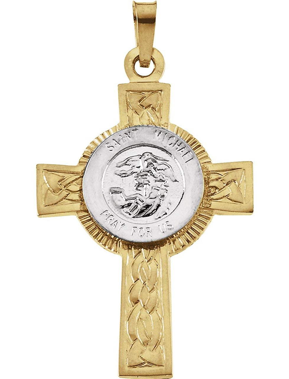 Two-Tone St. Michael Cross 14k Yellow and White Gold Pendant (28.50X20.8 MM)