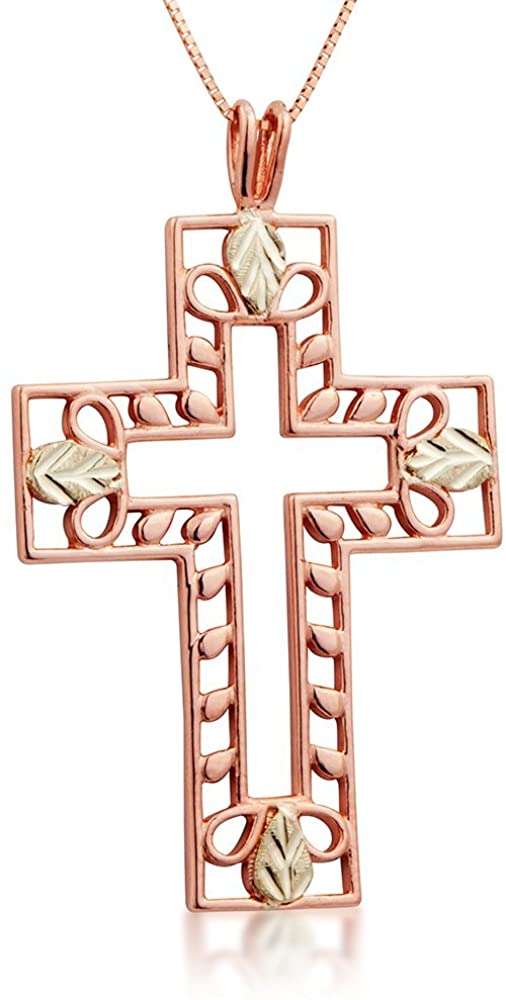 Inlaid Cross Pendant Necklace, 10k Rose Gold, 12k Green Black Hills Gold Motif, 18"