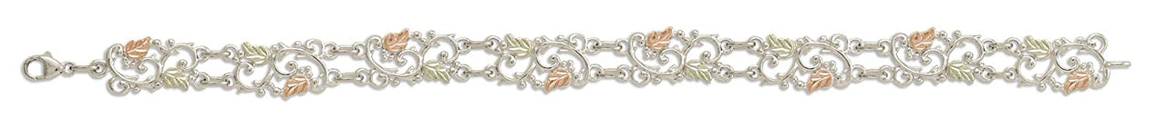 Petite Leaves with Filigree Design Bracelet, Sterling Silver, 12k Green and Rose Gold Black Hills Gold Motif, 7.25"