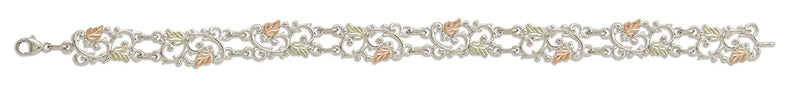 Petite Leaves with Filigree Design Bracelet, Sterling Silver, 12k Green and Rose Gold Black Hills Gold Motif, 7.25"