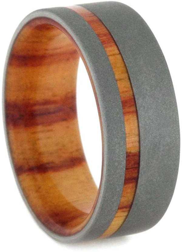 Beadblast Titanium 8mm Comfort Fit Tulip Wood Flat Band and Sizing Ring, Size 7