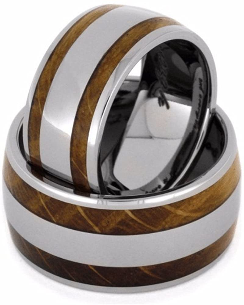 Oak Whiskey Barrel Wood, Titanium Stripe Inlay and His and Hers Titanium Wedding Band Set, M13-F6