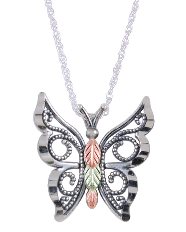 Antiqued Butterfly Pendant Necklace, Sterling Silver, 12k Green and Rose Gold Black Hills Gold Motif, 18''