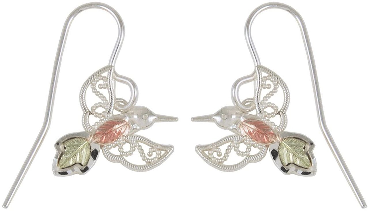 Hummingbird Silhouette Earrings, Sterling Silver, 12k Green and Rose Gold Black Hills Gold Motif