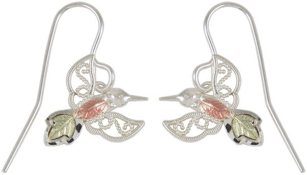 Hummingbird Silhouette Earrings, Sterling Silver, 12k Green and Rose Gold Black Hills Gold Motif