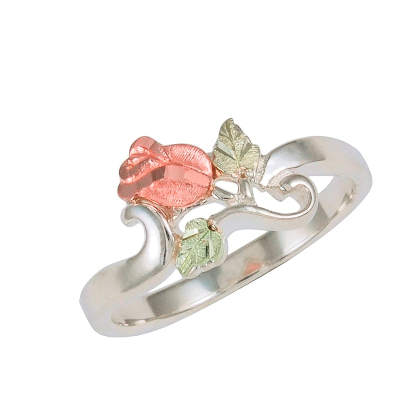 Ave 369 Petite Rose Bypass Ring, Sterling Silver, 12k Green and Rose Gold Black Hills Gold Motif