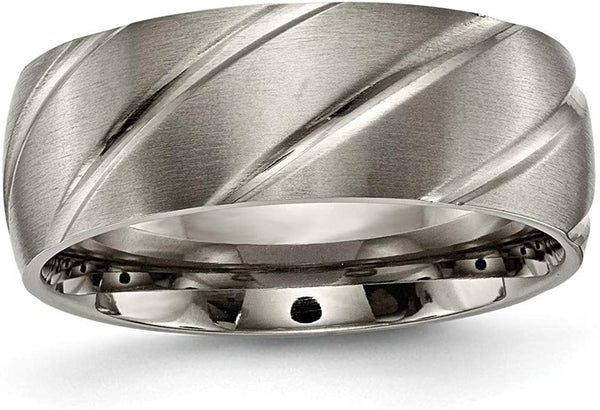 Satin-Brushed, Grey Titanium Swirl Design 8mm Grooved Edge Band, Size 8