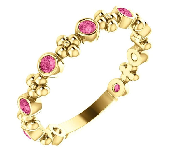 Genuine Pink Tourmaline Beaded Ring, 14k Yellow Gold