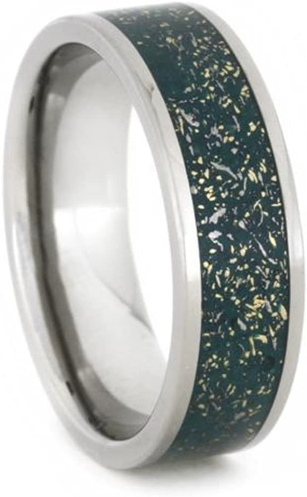 Green Stardust Band with Meteorite and Yellow Gold 7mm Comfort-Fit Titanium Ring