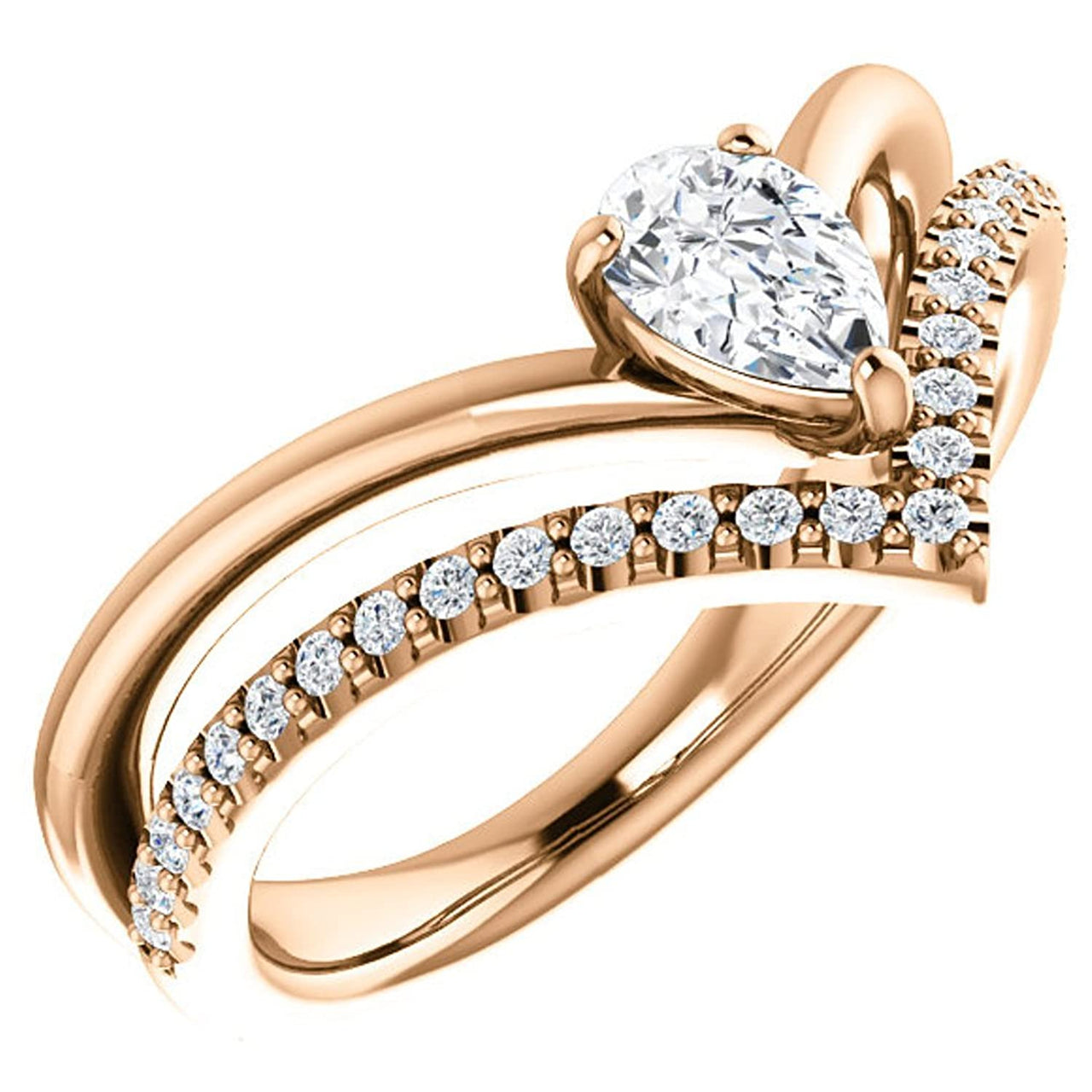 White Sapphire Pear and Diamond Chevron 14k Rose Gold Ring (.145 Ctw,G-H Color, I1 Clarity)