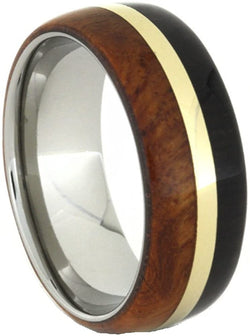 African Blackwood, Amboyna Wood, 14k Yellow Gold 8mm Comfort-Fit Titanium Ring, Size 10.75