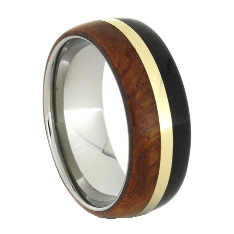 African Blackwood, Amboyna Wood, 14k Yellow Gold 8mm Comfort-Fit Titanium Ring