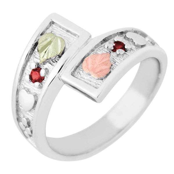 January Birthstone Created Garnet Bypass Ring, Sterling Silver, 12k Green and Rose Gold Black Hills Silver Motif