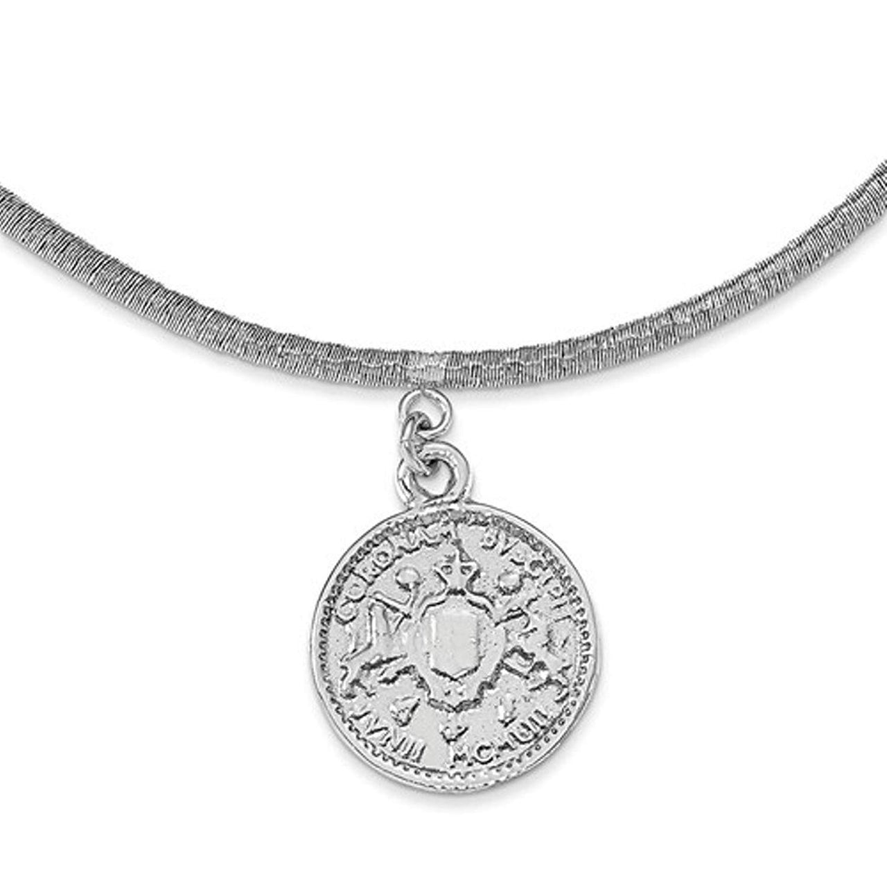 Rhodium-Plated Sterling Silver Elizabeth II Medal with 1.5" extender Necklace, 17" (17.73X17.73MM)