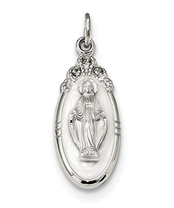 Sterling Silver White Epoxy And Crystal Miraculous Medal Pendant (25X10.5MM)
