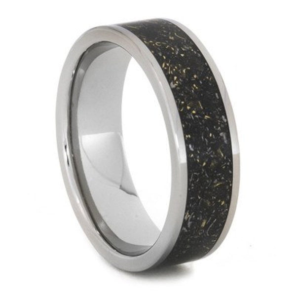 Black or White Meteorite Ring with 14k Yellow Gold Flecks 7mm Comfort-Fit Titanium Band