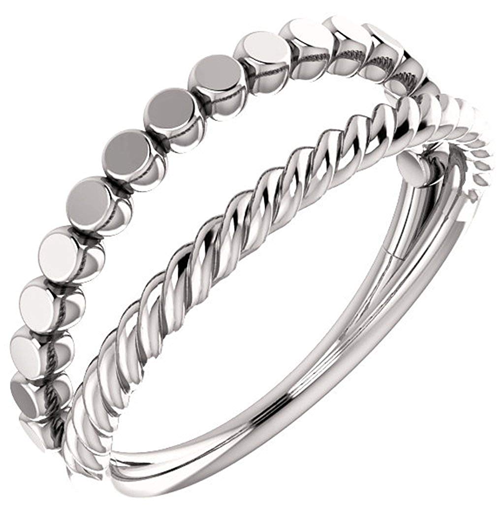 Rope Trim and Flat Granulated Bead Twin Stacking Ring, Rhodium-Plated 14k White Gold, Size 6