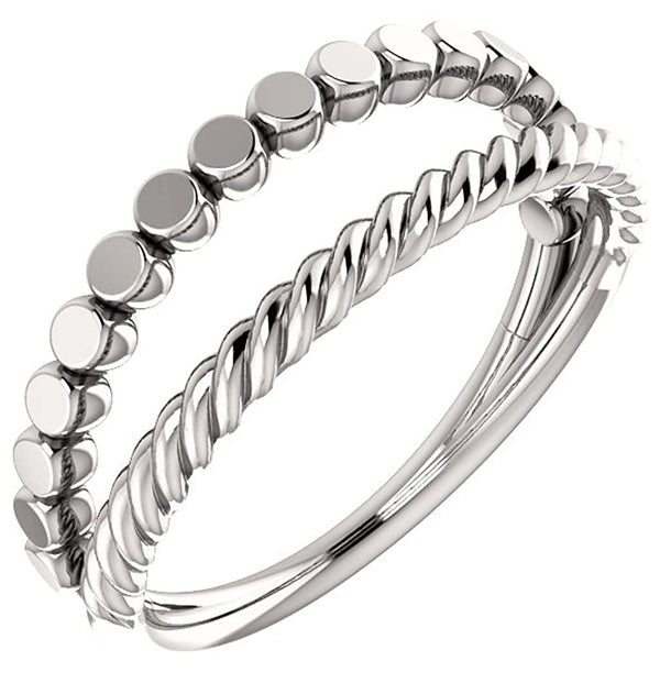 Platinum Rope Trim and Flat Granulated Bead Twin Stacking Ring