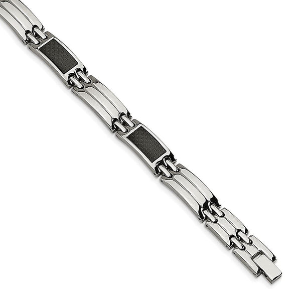 Men's Brushed and Polished Stainless Steel Black Carbon Fiber Inlay Bracelet, 8.5"