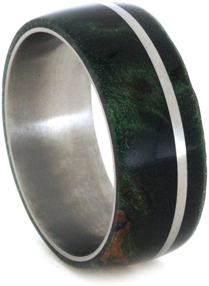 Green Box Elder Burl, Titanium Pinstripe 8mm Comfort-Fit Titanium Wedding Band, Size 12.75