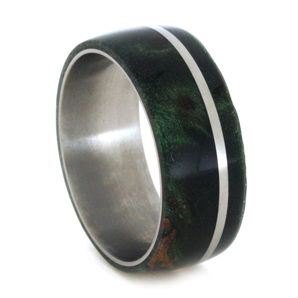 Green Box Elder Burl, Titanium Pinstripe 8mm Comfort-Fit Titanium Wedding Band, Size 5.75