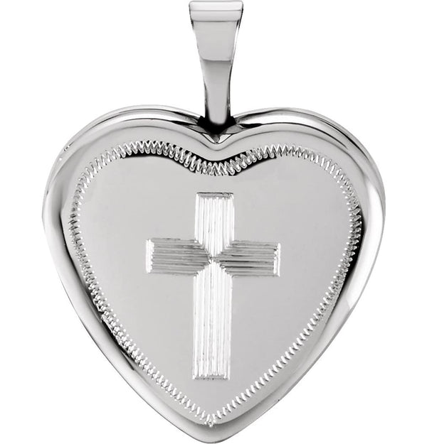 Diamond-Cut Heart with Cross Sterling Silver Locket Pendant (16X15.75 MM)