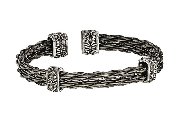 Men's Thorn Collection Gray Titanium Cable Wire with Cast Titanium Accent Cuff Bangle Bracelet, 7"