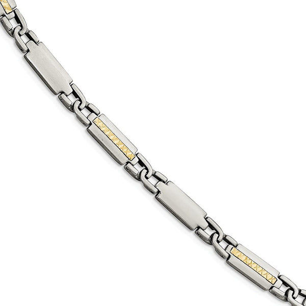 Men's Polished and Brushed Stainless Steel, 14k Yellow Gold Link Bracelet, 8.75"