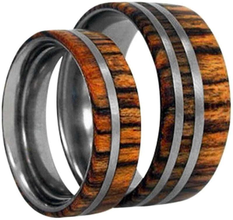 Amazon Rosewood, Titanium Pinstripes Ring, Couples Wedding Band Set, M13.5-F6.5