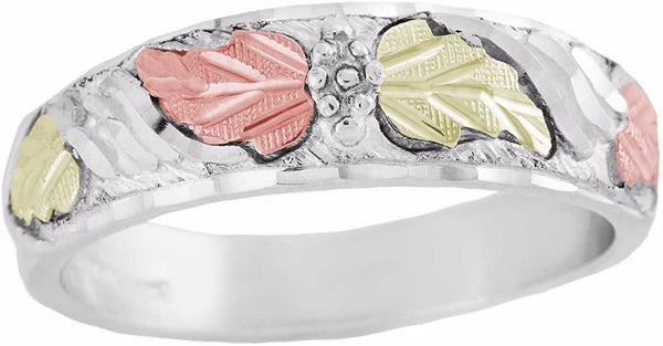 Diamond-Cut Grape Leaf Ring, Sterling Silver, 12k Green and Rose Gold Black Hills Gold Motif, Size 6.5