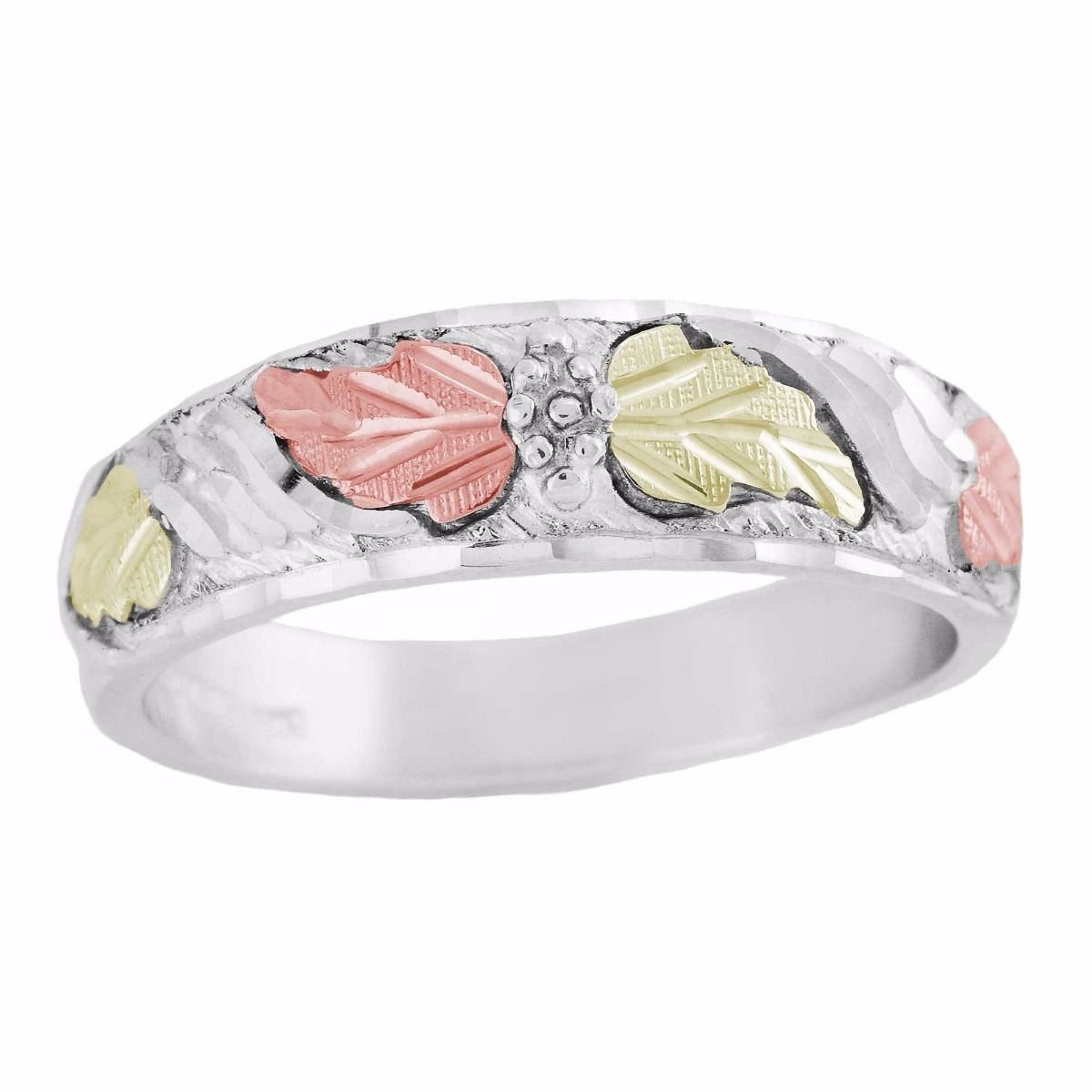 Men's Diamond-Cut Grape Leaf Ring, Sterling Silver, 12k Green and Rose Gold Black Hills Gold Motif