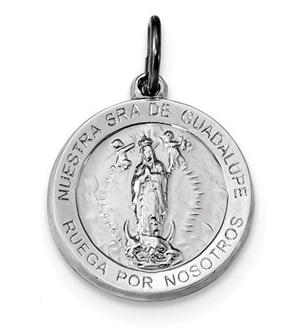 Rhodium-plated Sterling Silver Spanish Lady of Guadalupe Medal Pendant (21X18.5MM)