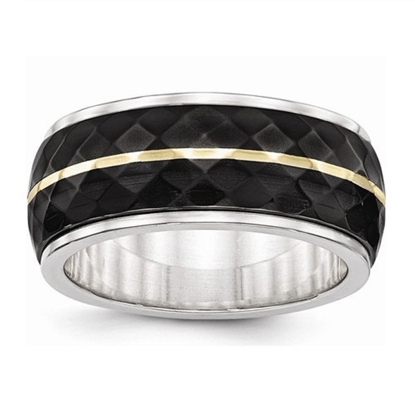 Edward Mirell Titanium and Black Titanium Inlay with 14k Yellow Gold Stripe 10mm Wedding Band