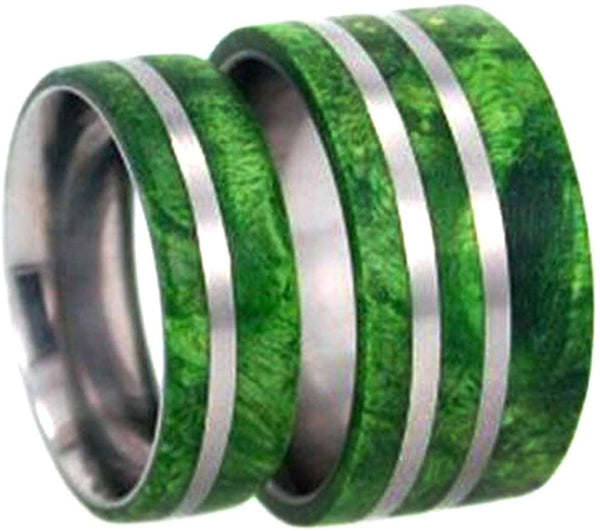 Green Box Elder Burl Wood Comfort-Fit Titanium His and Hers Wedding Band Set, M15-F6.5