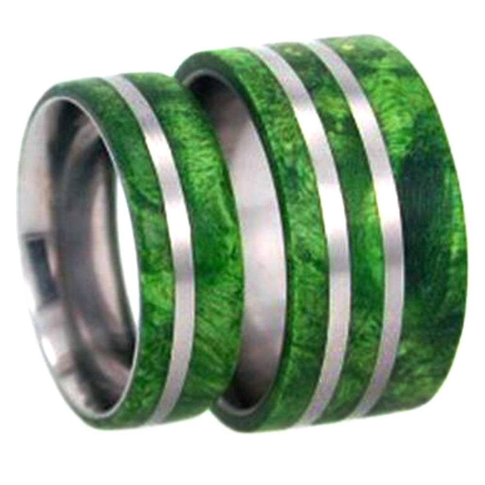 Green Box Elder Burl Wood Comfort-Fit Titanium His and Hers Wedding Band Set, M10-F9