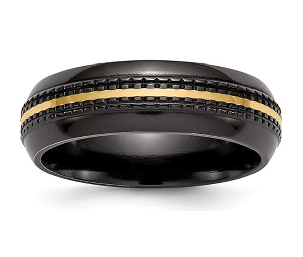 Edward Mirell Black Titanium, 14K Yellow Gold Patterned 7mm Comfort-Fit Band