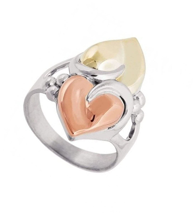 3D Sculpted Hearts Ring, Rhodium Plated Sterling Silver, 10k Green and Rose Gold, 18" to 22"