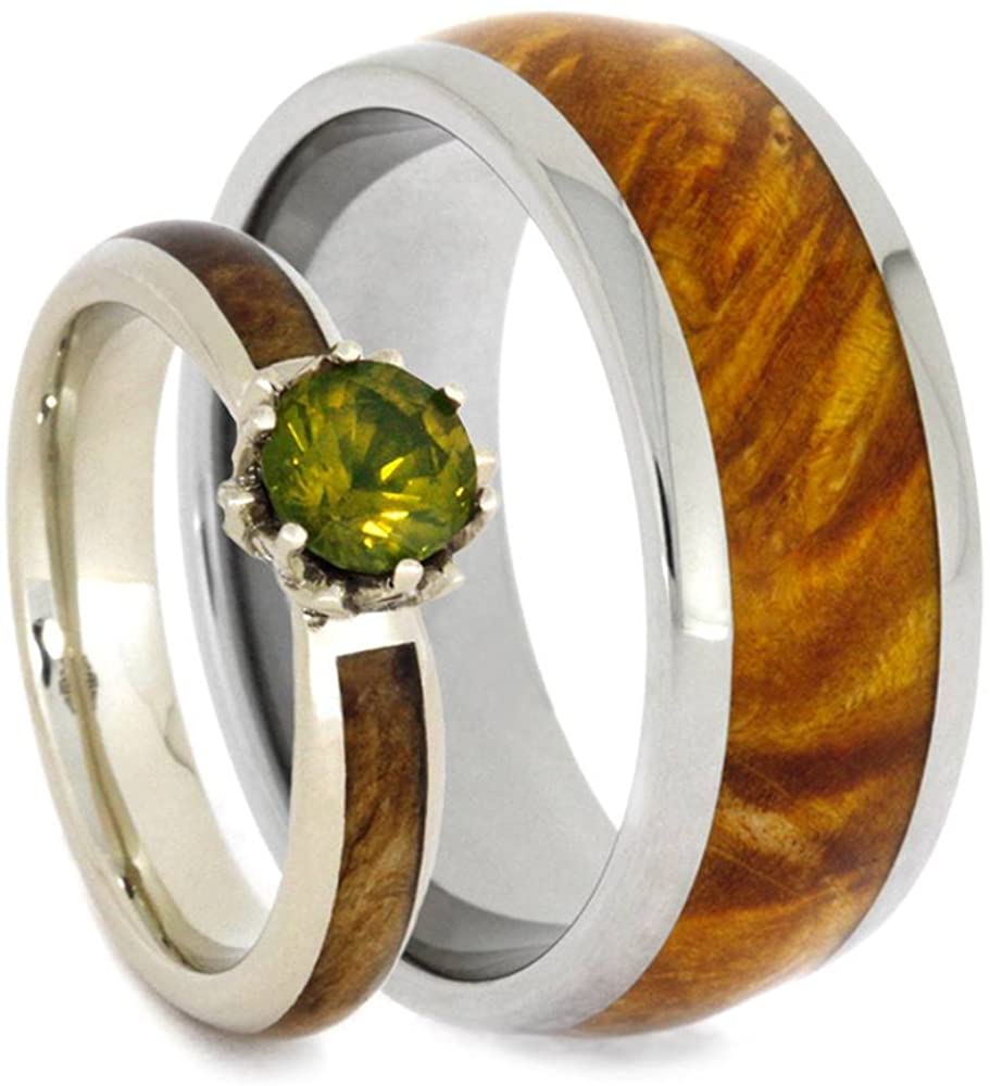 Peridot, Diamond Black Ash Burl 10k White Gold Ring and Gold Box Elder Burl Wood Titanium Band, His and Hers Rings M 11-F4