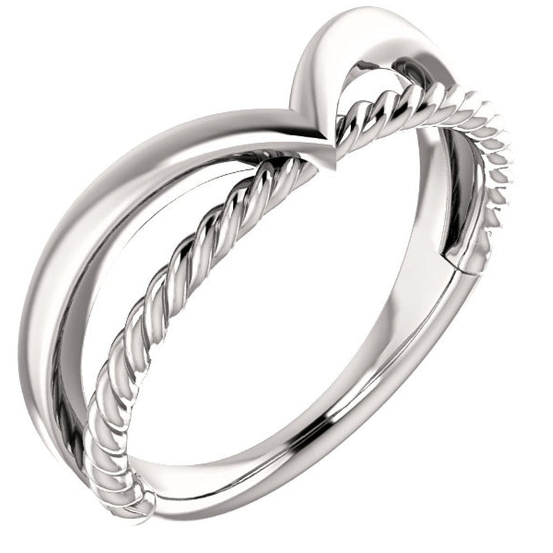 Negative Space Rope Trim and Curved 'V' Ring, Rhodium-Plated 14k White Gold, Size 7.25